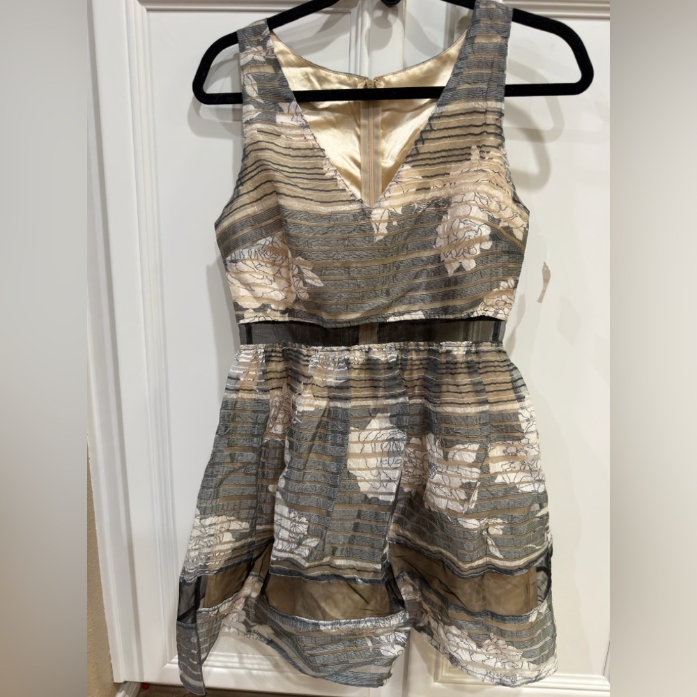 V-Neck Mini Dress in Gold and Gray Floral Stripe